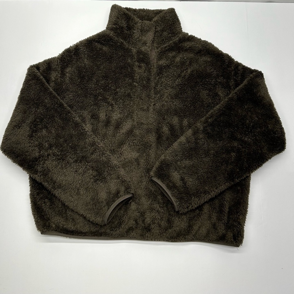 H&M Women’s Brown Faux Fur Cropped Pullover M 1/2 Snap FUZZY WARM